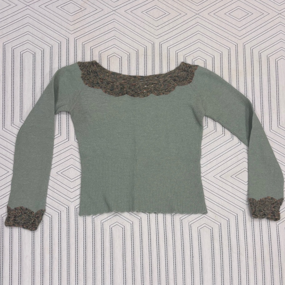 Moth | Medium Cropped Sweater | Sage Green w/ Brown Lace Accents